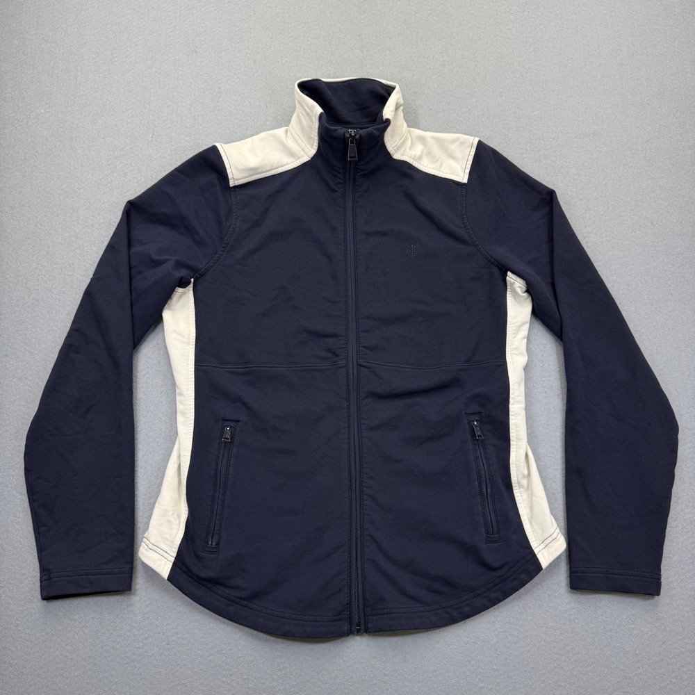 Lauren Ralph Lauren Womens Navy Blue Cream Full Zip Track Jacket Large Mock Neck